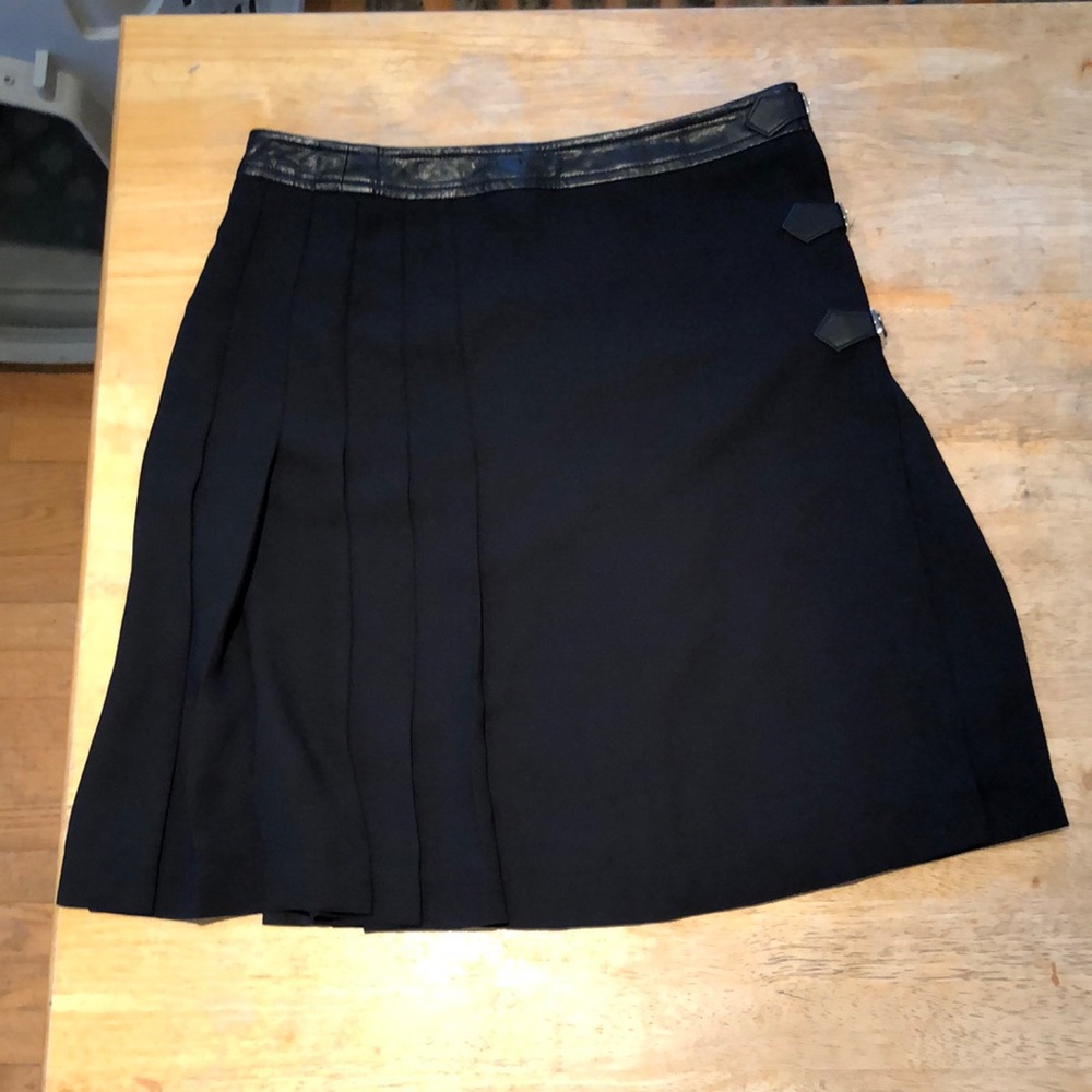 Escada black pleat wrap skirt with side buckles and faux leather waist